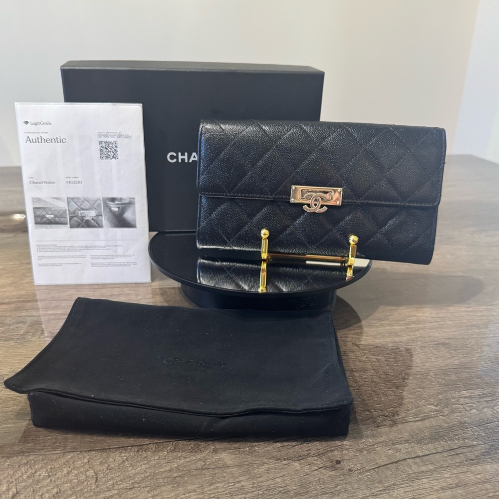 Authentic CHANEL Caviar Black Matelasse Quilted Wallet with Gold Accents